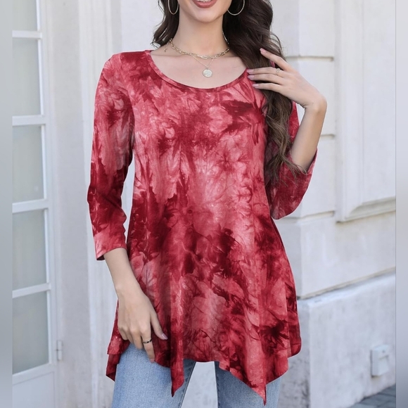 Tops - Women's 3/4 Sleeve Casual Flowy Loose Fit Swing Top Tunic, Wine Red Tie Dye, 3X